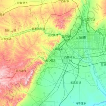 Topografische kaart 云冈区, hoogte, reliëf