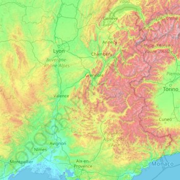 Topografische kaart Rhone, hoogte, reliëf