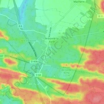 Topografische kaart Arbonne-la-Forêt, hoogte, reliëf