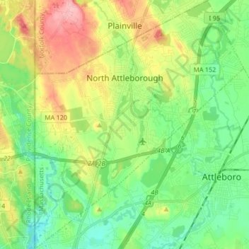 Topografische kaart North Attleborough, hoogte, reliëf