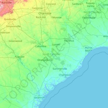 Topografische kaart South Carolina, hoogte, reliëf