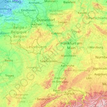 Topografische kaart Rijn, hoogte, reliëf