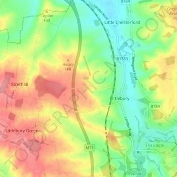 Topografische kaart Littlebury, hoogte, reliëf