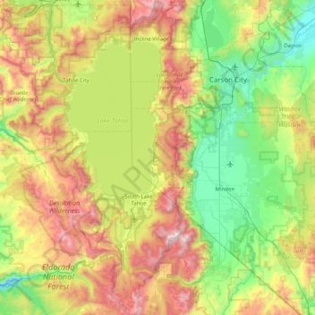 Topografische kaart Lake Tahoe Basin Management Unit, hoogte, reliëf