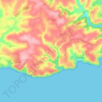 Topografische kaart Polperro, hoogte, reliëf