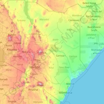 Topografische kaart Kenia, hoogte, reliëf