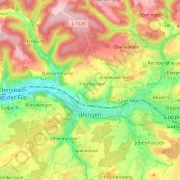 Topografische kaart Uhingen, hoogte, reliëf