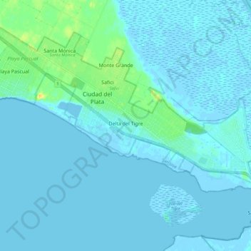 Topografische kaart Delta del Tigre, hoogte, reliëf