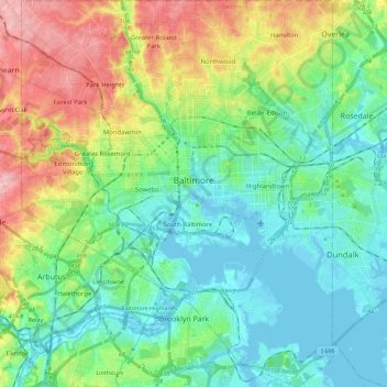 Topografische kaart Baltimore, hoogte, reliëf