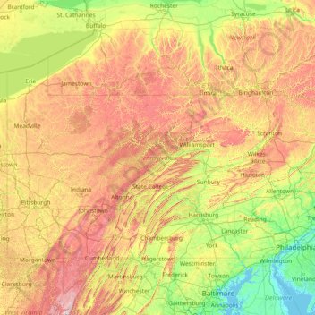 Topografische kaart Pensilvania, hoogte, reliëf