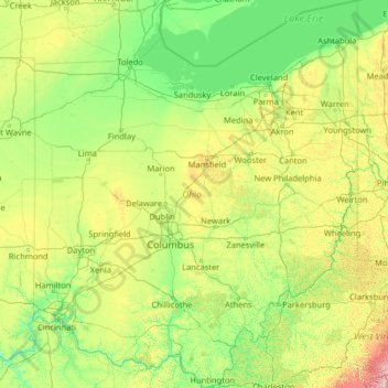 Topografische kaart Ohio, hoogte, reliëf