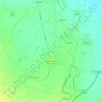 Topografische kaart San Secondo Parmense, hoogte, reliëf