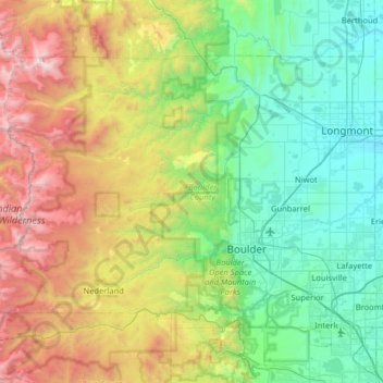 Topografische kaart Boulder County, hoogte, reliëf