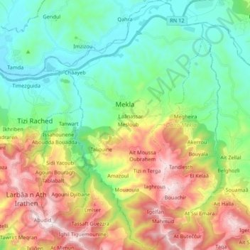 Topografische kaart Mekla, hoogte, reliëf