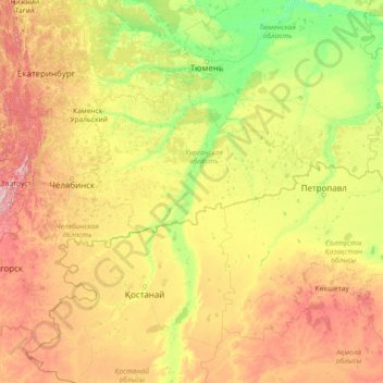 Topografische kaart Tobol River, hoogte, reliëf