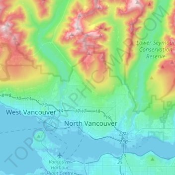 Topografische kaart District of North Vancouver, hoogte, reliëf