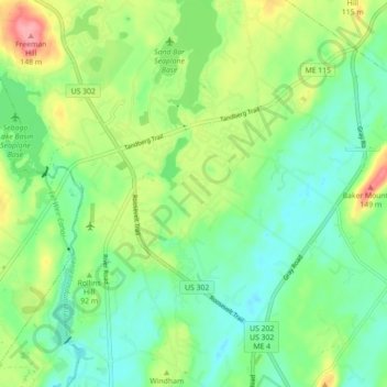 Topografische kaart North Windham, hoogte, reliëf