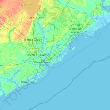 Topografische kaart Charleston County, hoogte, reliëf