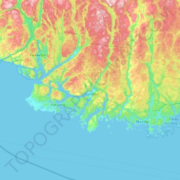 Topografische kaart Lyngdal, hoogte, reliëf