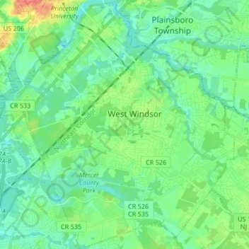 Topografische kaart West Windsor, hoogte, reliëf