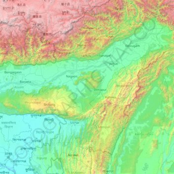 Topografische kaart Assam, hoogte, reliëf