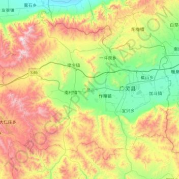 Topografische kaart 广灵县, hoogte, reliëf