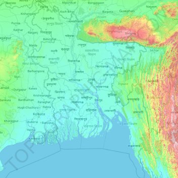 Topografische kaart Bangladesh, hoogte, reliëf