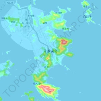 Topografische kaart 朱家尖岛, hoogte, reliëf