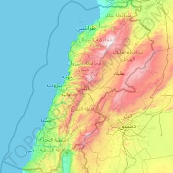 Topografische kaart Libanon, hoogte, reliëf