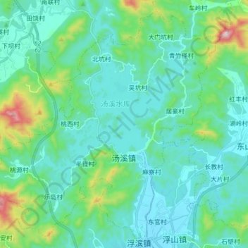 Topografische kaart 汤溪镇, hoogte, reliëf
