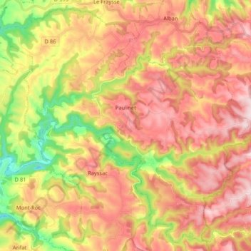 Topografische kaart Paulinet, hoogte, reliëf