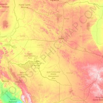 Topografische kaart Tabora, hoogte, reliëf