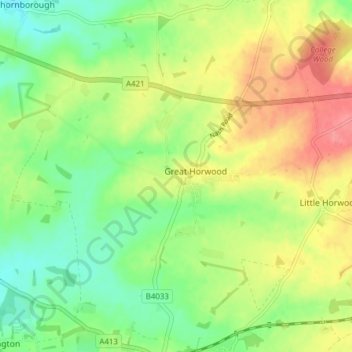 Topografische kaart Great Horwood, hoogte, reliëf