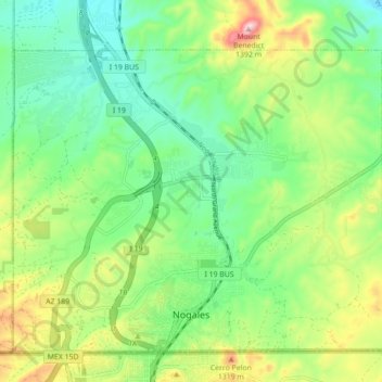 Topografische kaart Nogales, hoogte, reliëf