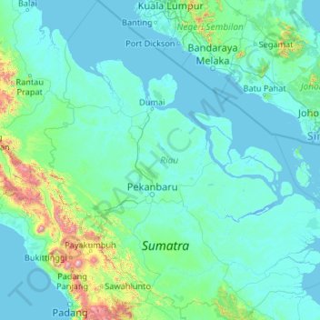 Topografische kaart Riau, hoogte, reliëf