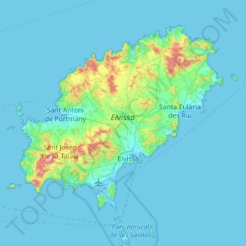 Topografische kaart Ibiza, hoogte, reliëf