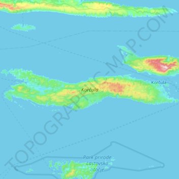 Topografische kaart Korčula, hoogte, reliëf