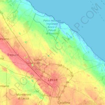 Topografische kaart Lecce, hoogte, reliëf