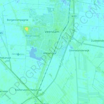 Topografische kaart Veendam, hoogte, reliëf