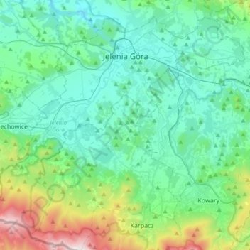 Topografische kaart Jelenia Góra, hoogte, reliëf