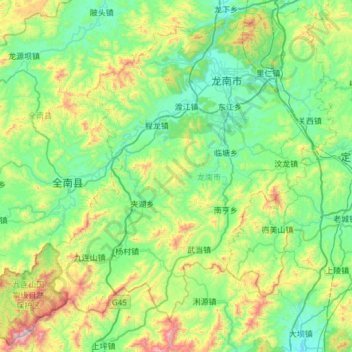 Topografische kaart 龙南市, hoogte, reliëf