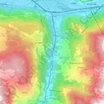 Topografische kaart Vispa, hoogte, reliëf