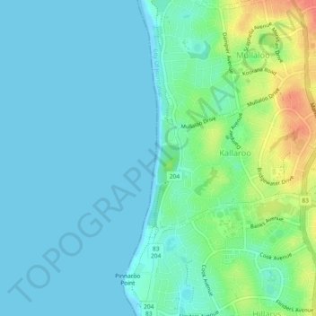 Topografische kaart Whitfords/Mullaloo Beach, hoogte, reliëf