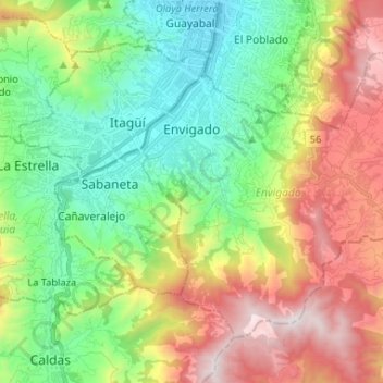 Topografische kaart Envigado, hoogte, reliëf