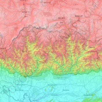 Topografische kaart Bhutan, hoogte, reliëf