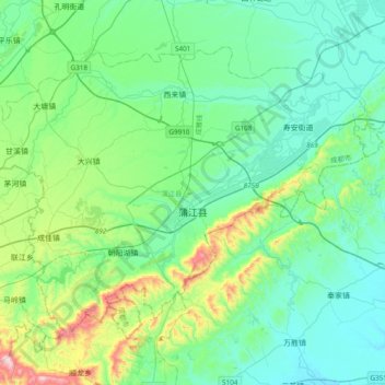 Topografische kaart Pujiang County, hoogte, reliëf