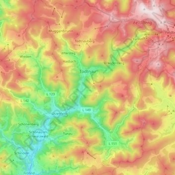 Topografische kaart Todtnau, hoogte, reliëf