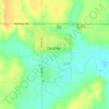 Topografische kaart Deshler, hoogte, reliëf