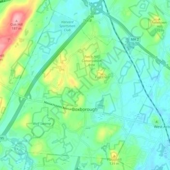 Topografische kaart Boxborough, hoogte, reliëf
