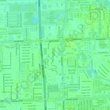 Topografische kaart Hollywood Seminole Reservation, hoogte, reliëf